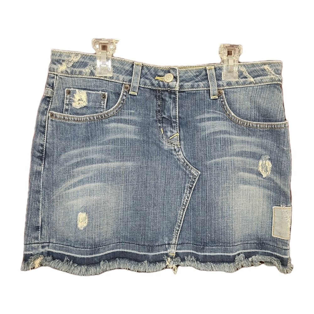 Bebe Denim‎ Mini Skirt Raw Edge Rhinestone Accents Size 29 Y2K Vintage Bling EUC